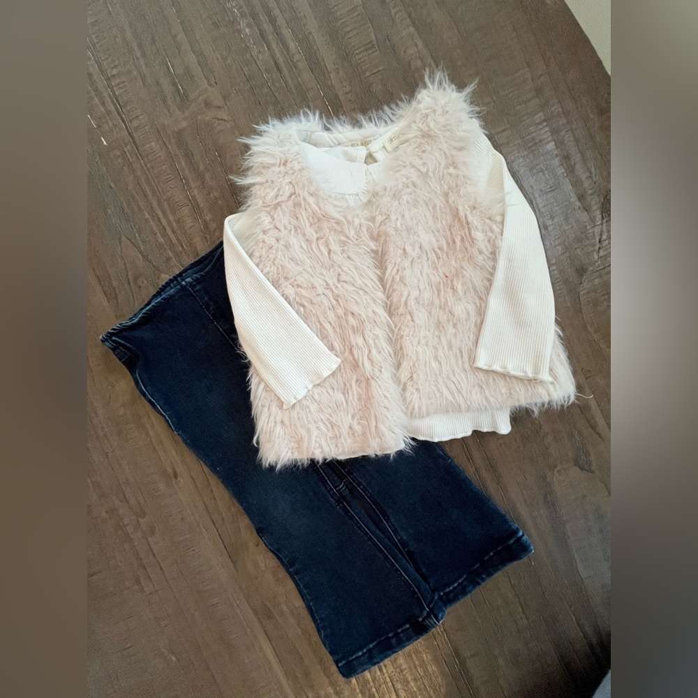 Chelsea and Violet Baby Flare Jeans, Cream Top and Furry Vest